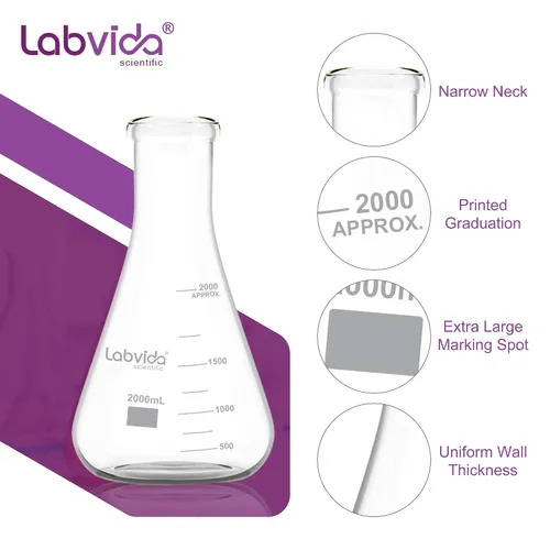 Vista 3 de Frascos Erlenmeyer de boca estrecha de vidrio, Vol.2000ml, 3.3 Borosilicato con graduación impresa, LVC010