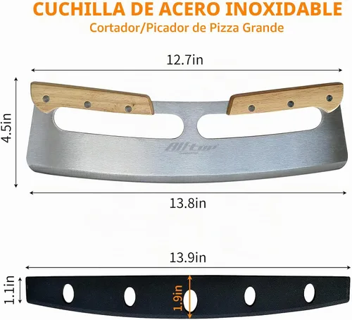 Vista 2 de ALLTOP Cortador de Pizza Basculante, Cuchillo de Hoja de Acero Inoxidable con Doble Mango de Madera y Cubierta de Plástico, Rebanadora/Picadora