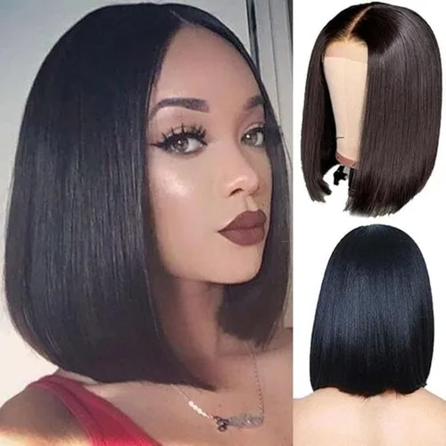 Vista 2 de FCHW - Pelucas cortas sintéticas rectas, estilo Bob, con flequillo, para mujeres de cabello negro