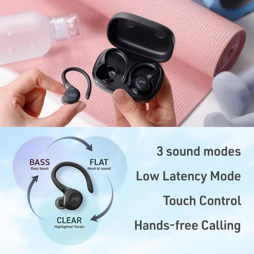 Vista 6 de JVC Fitness Series Auriculares inalámbricos deportivos True Wireless con ganchos ajustables, cancelación activa de ruido, modo de sonido ambiental
