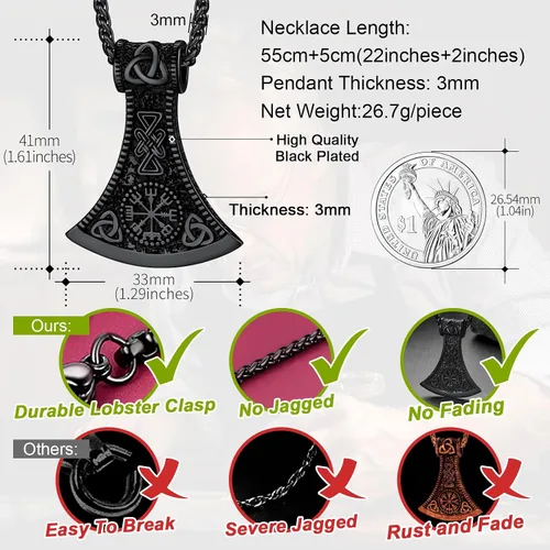 Vista 5 de FaithHeart Collar con colgante de hacha vikinga para hombres y mujeres, joyería vikinga nórdica de acero inoxidable con delicado embalaje de regalo
