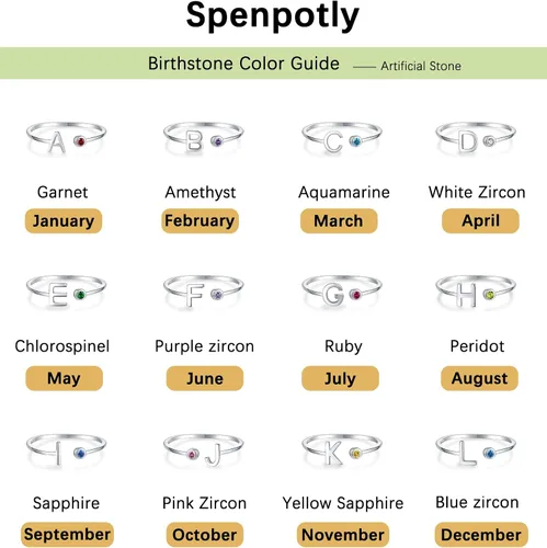 Vista 4 de 925 Sterling Silver Initial Letter Birthstone Rings for Women Adjustable 1-12 Month Birthstone Alphabet Stacking Ring for Teens Girls Stackable