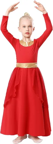 Vista 4 de REXREII - Traje de baile con cintura metálica de manga larga litúrgica para niñas