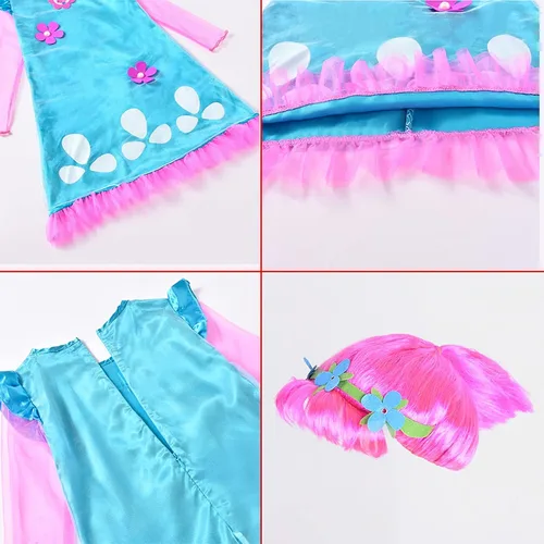 Vista 6 de HuangWeida Disfraces de amapola de princesa disfraz de amapola para niños vestido de Halloween para niñas peluca y bolsa 3 piezas 4-6 años