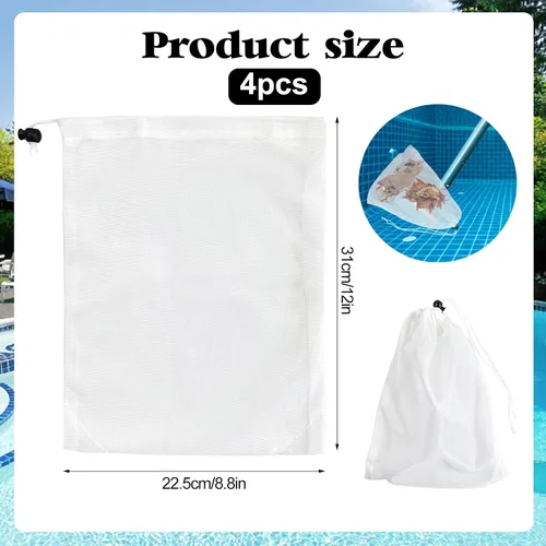 Vista 3 de Paquete de 4 bolsas de filtro al vacío de piscina para aspiradoras de hojas, bolsa de malla fina de 12 x 8.8 pulgadas con cordón de bloqueo, filtro