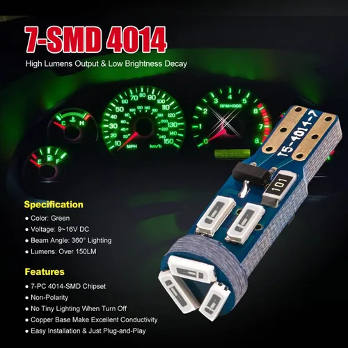 Vista 2 de Bombilla LED Verde de Alto Brillo T5 37 74 PC74 PC37 con Enchufe de Bloqueo Giratoria para Luz de Clúster de Panel de Instrumentos, Luz de Mapa