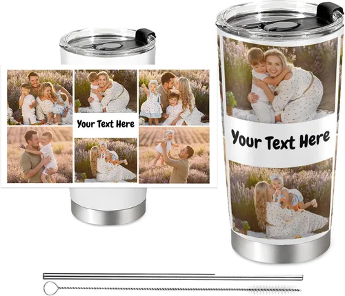 Vista 13 de Vaso personalizado con texto fotográfico, vaso de acero inoxidable con pajilla, taza de café personalizada con foto de viaje, regalo