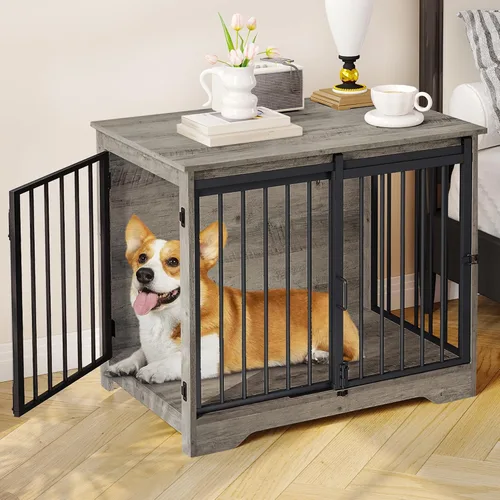 Vista 18 de Hzuaneri Mueble de jaula para perros de 27.2 pulgadas con puerta de granero, perrera resistente para interiores con 2 puertas, mesa auxiliar jaula