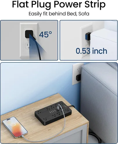 Vista 5 de JouleLoom Paquete de 2 tiras de alimentación con protector de sobretensiones, 10 salidas (1850 W/15 A/14 AWG) con 6 puertos USB (2 USB C), cable