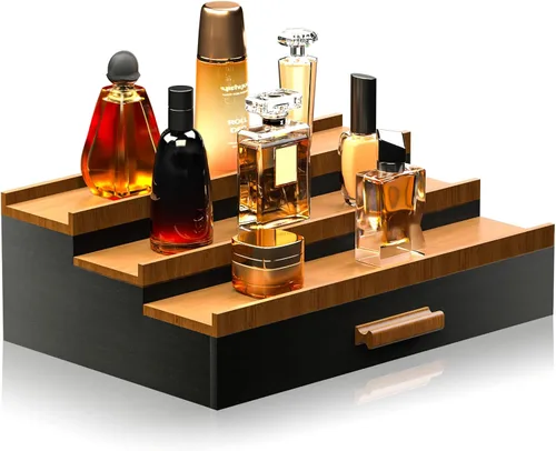 Vista 7 de Sephyroth Organizador de colonia para hombre, 3 niveles, estante elevado de exhibición de colonia con cajón, organización de perfumes y elevadores