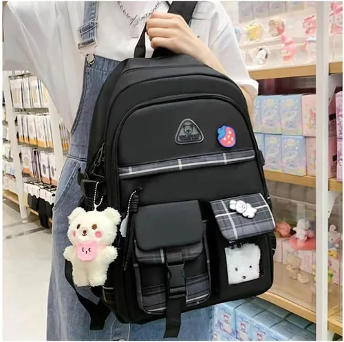 Vista 2 de Juego de 5 mochilas estéticas con alfileres y colgante, tamaño grande, estilo japonés kawaii, para la universidad, mochila para computadora Negro
