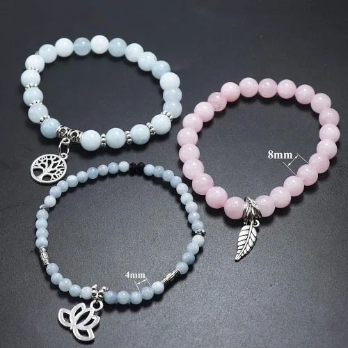 Vista 2 de UEUC - Pulseras Reiki, apilables, de piedras curativas, cristales, con dije del árbol de la vida, yoga y hoja de loto, contra la ansiedad