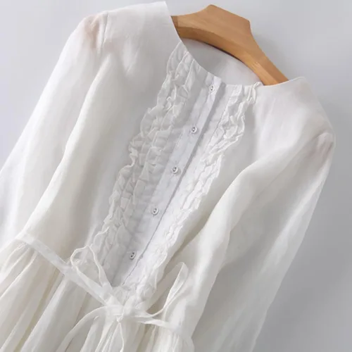 Vista 4 de Gamivast Vestido camisero casual para mujer, con botones, manga 34, elegante, de lino, con cinturón, vestido de graduación blanco, vestido de verano