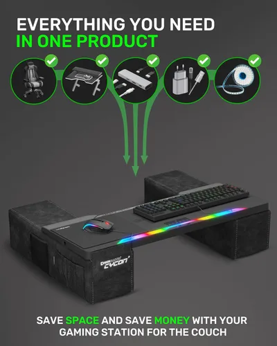 Vista 2 de Couchmaster CYCON³ HORIZONLIGHT Bar, escritorio ergonómico definitivo con concentrador USB para juegos en sofá y cama, grande, estable y compatible