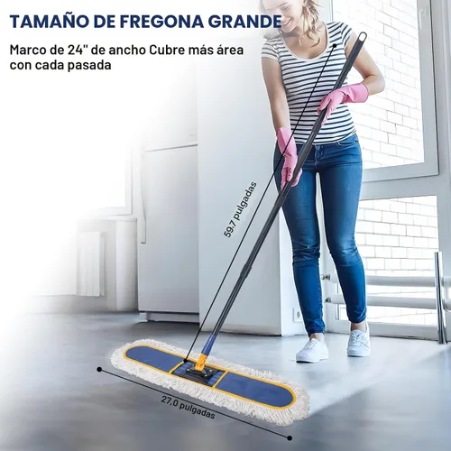 Vista 2 de Trapeador de polvo comercial de 24 pulgadas para limpieza de suelos, plumero resistente con 2 almohadillas de algodón reutilizables, mango largo