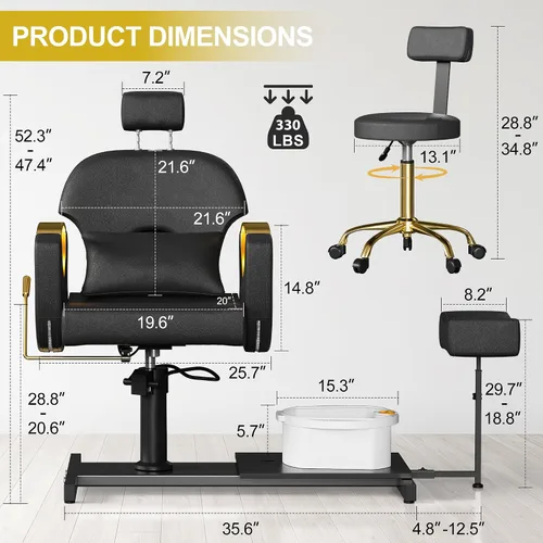 Vista 3 de KIGOTY Silla de pedicura sin fontanería, estación de pedicura reclinable con altura ajustable y giro de 360 grados, silla de spa hidráulica