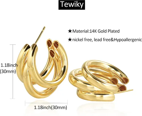 Vista 32 de Aretes de aro gruesos de oro para mujer, chapados en oro de 14 quilates, aretes de aro triple, hipoalergénicos, a la moda, aretes de aro gruesos