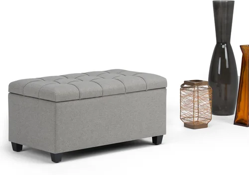 Vista 11 de SIMPLIHOME - Otomana Shiloh de cuero vegano de 48 pulgadas de ancho en color marrón castaño Otomana de transición con tapa capitoné y elevable