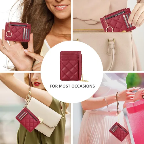 Vista 4 de Soporte para tarjetas de crédito, cartera delgada con llavero con bolsillo frontal para monedas, bolsillo frontal pequeño para mujer, color rojo