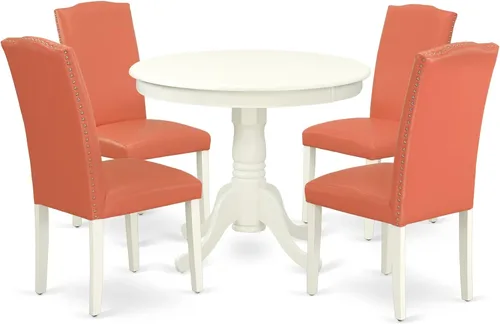 Vista 25 de East West Furniture ANEN3-LWH-06 - Juego de mesa de cocina de 3 piezas contiene una mesa de comedor redonda con pedestal y 2 sillas de comedor