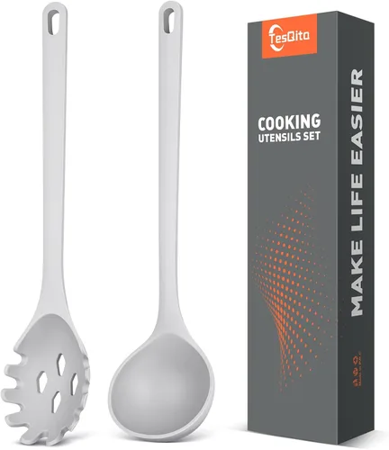 Vista 8 de Juego de 2 utensilios de cocina de silicona para espaguetis y cucharón de Negro