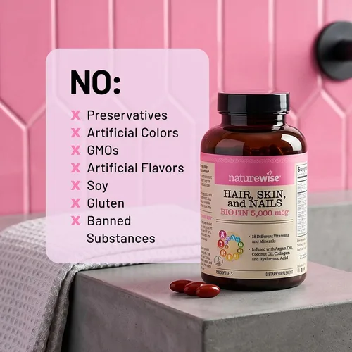 Vista 8 de NatureWise Vitamina para el cabello, piel y uñas, biotina 5000mcg con ácido hialurónico, colágeno para mujeres con complejo C, B, D3, A, E, hierro