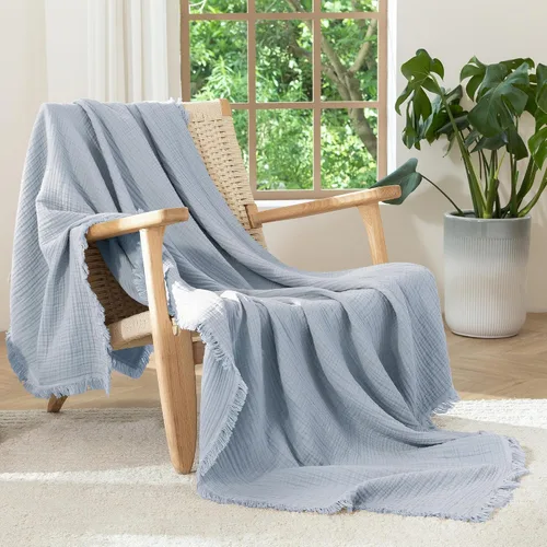 Vista 30 de MooMee - Manta de muselina 100% algodón con flecos de 4 capas de gasa, tamaño Queen Manta de verano suave, transpirable y ligera para adultos