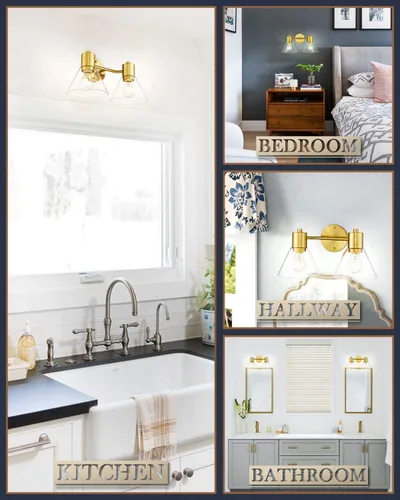 Vista 7 de LMS Lámparas doradas para tocador de baño, 2 lámparas de baño con pantalla de vidrio transparente, LMS-100