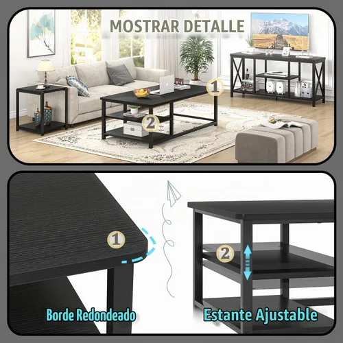 Vista 4 de EXCEFUR Mesa de centro negra, mesa de sala de estar de madera rústica con estante de almacenamiento, mesa central rectangular moderna, 47 pulgadas