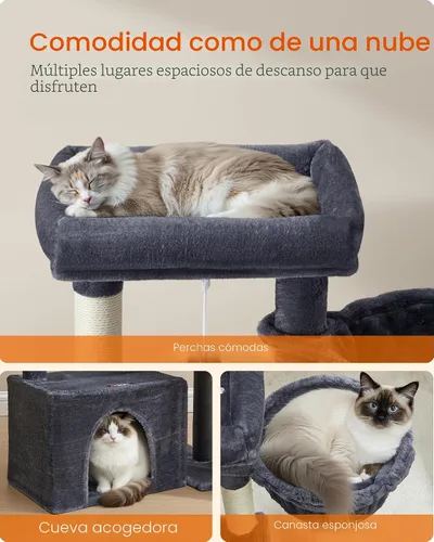 Vista 4 de Feandrea Árbol para gatos, torre para gatos con postes rascadores y rampa, 2 perchas grandes, cueva, canasta, 33.8 pulgadas de alto, gris oscuro
