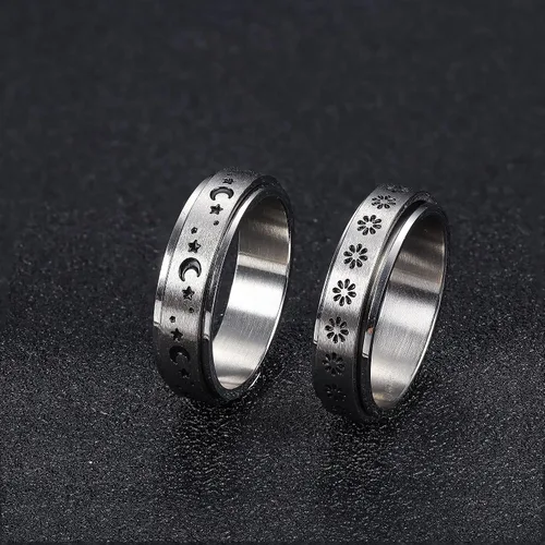 Vista 5 de FUNRUN JEWELRY Anillo de acero inoxidable para la ansiedad para mujeres y hombres, anillos giratorios de luna y estrella celta para aliviar