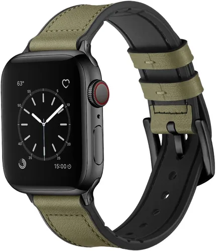 Vista 2 de OUHENG Correas de cuero compatibles con Apple Watch de 42mm 41mm 40mm 38mm, correa híbrida de cuero genuino y goma para iWatch Series 11 10 9 8 7 6