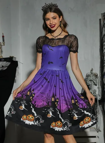 Vista 2 de Spadehill Vestido de encaje de manga corta para mujer, disfraz de Halloween