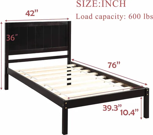 Vista 2 de Marco de cama de tamaño individual con cabecero, marco de cama de plataforma de madera, estilo rústico moderno, resistente, soporte de listones