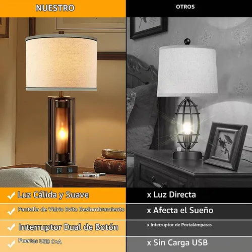 Vista 2 de Lámparas de mesa rústicas para sala de estar con puertos USB C+A, lámpara de mesita de noche vintage de granja con luz nocturna de acrílico ámbar