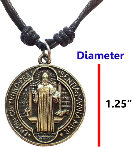 Vista 6 de Bijoux de Ja Collar con dije de medalla de San Benito de Nursia de bronce antiguo cordón ajustable 16 pulgadas Cordón