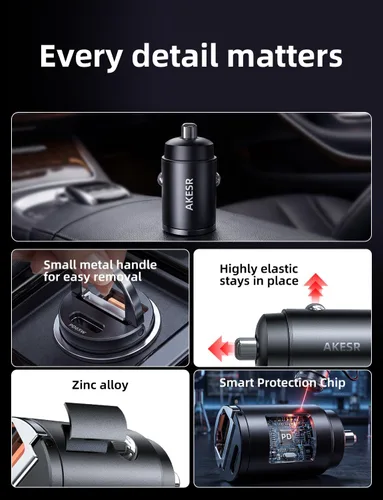 Vista 7 de AKESR Cargador de coche USB C de 65 W de carga rápida, accesorios de salida USB de 12 V para Carro, adaptador compacto para encendedor