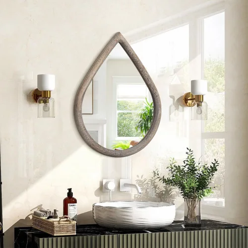 Vista 17 de Espejo de lágrima con marco de madera, espejos negros para colgar en la pared, pequeños espejos decorativos ovalados, espejo único ovalado