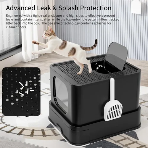 Vista 5 de RIZZARI Caja de Arena Cerrada para Gatos: Diseño Grande de Acero Inoxidable Anti-Fugas Controla el Olor - Todo Negro Sin Desodorizante - para Gatos
