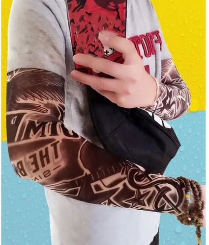 Vista 3 de Falsas mangas temporales de tatuaje resbalón en el brazo protector solar cuerpo arte brazo medias 5 piezas negro