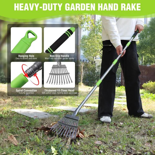 Vista 5 de WORKPRO Rastrillo, rastrillo pequeño para hojas con mango largo ajustable de 72 pulgadas, 11 púas de acero, rastrillos de hojas de metal resistentes