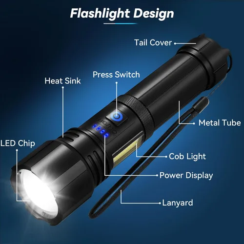 Vista 7 de Linternas recargables de alto lúmenes, 99,000 LM linterna LED brillante alimentada, linternas recargables USB y luces flash de mano impermeables
