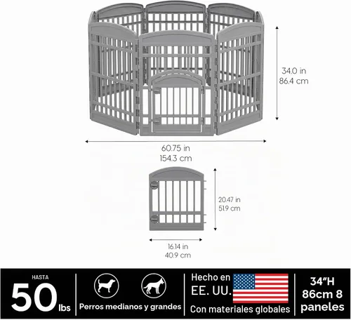 Vista 2 de [Usado] IRIS USA Corralito para perros de 8 paneles, recinto para mascotas, gris Negro