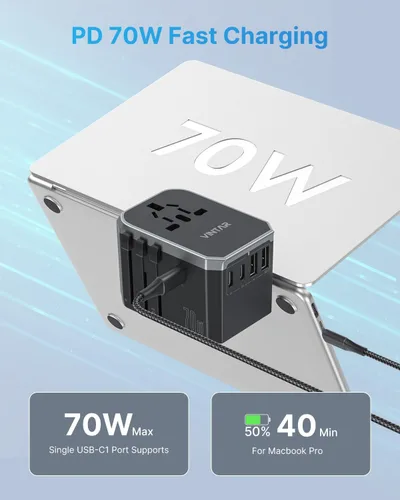 Vista 2 de VINTAR - Adaptador de viaje universal, adaptador de corriente internacional GaN de 70 W con 5 puertos USB (3 USB-C), adaptador de enchufe de viaje