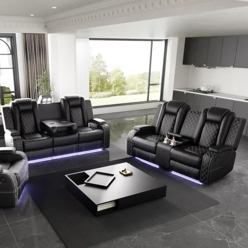 Vista 27 de Juego de sofá modular reclinable eléctrico con luz LED, juego de sofá modular reclinable de cuero, incluye sillón reclinable individual, juego