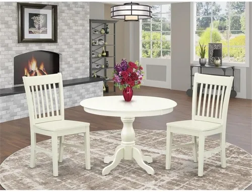 Vista 2 de East West Furniture HBNF3-LWH-W - Juego de muebles de comedor de 3 piezas que contiene una mesa de cocina redonda con pedestal y 2 sillas