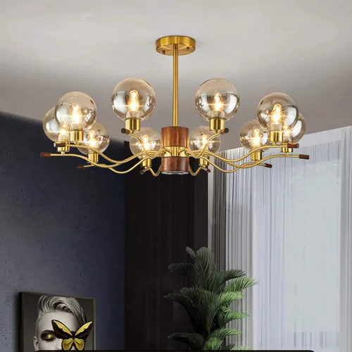 Vista 3 de Genérico Araña moderna, Candelabros industriales de cristal de madera con tirada en V, lámpara de casa de campo, semi empotrada, metal contemporáneo