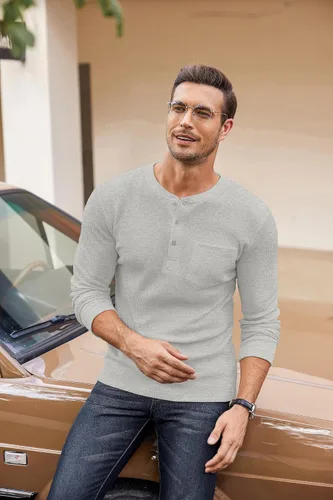 Vista 3 de COOFANDY Camisas Henley de manga larga para hombre con bolsillo