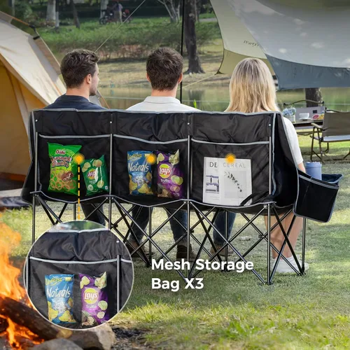 Vista 7 de Silla de campamento acolchada para 3 personas, sofá de campamento de gran tamaño, silla de campamento doble plegable resistente, sofá de dos plazas