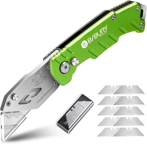 Vista 9 de BIBURY Cuchillo utilitario, cortador de caja plegable resistente, cuchillo cortador de alfombra de bolsillo con 10 cuchillas adicionales de acero